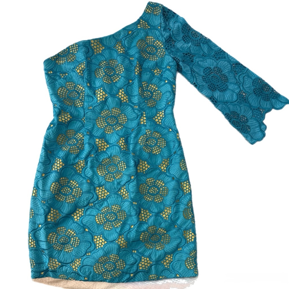 Lilly Pulitzer Teal & Gold One-Shoulder Lace Cocktail Dress